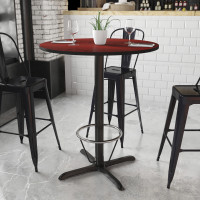 Flash Furniture XU-RD-36-MAHTB-T3030B-3CFR-GG 36'' Round Mahogany Laminate Table Top with 30'' x 30'' Bar Height Table Base and Foot Ring 