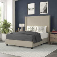 Flash Furniture YK-1077-BEIGE-F-GG Quinn Full Upholstered Platform Bed with Channel Stitched Wingback Headboard, Mattress Foundation with Slatted Supports, No Box Spring Needed, Beige