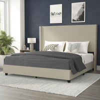 Flash Furniture YK-1077-BEIGE-K-GG Quinn King Upholstered Platform Bed with Channel Stitched Wingback Headboard, Mattress Foundation with Slatted Supports, No Box Spring Needed, Beige