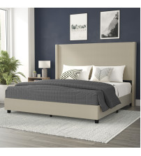 Flash Furniture YK-1077-BEIGE-K-GG Quinn King Upholstered Platform Bed with Channel Stitched Wingback Headboard, Mattress Foundation with Slatted Supports, No Box Spring Needed, Beige