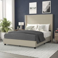 Flash Furniture YK-1077-BEIGE-Q-GG Quinn Queen Upholstered Platform Bed with Channel Stitched Wingback Headboard, Mattress Foundation with Slatted Supports, No Box Spring Needed, Beige
