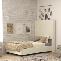Flash Furniture YK-1077-BEIGE-T-GG Quinn Twin Upholstered Platform Bed with Channel Stitched Wingback Headboard, Mattress Foundation with Slatted Supports, No Box Spring Needed, Beige
