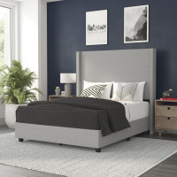 Flash Furniture YK-1077-GY-F-GG Quinn Full Upholstered Platform Bed with Channel Stitched Wingback Headboard, Mattress Foundation with Slatted Supports, No Box Spring Needed, Gray