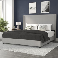 Flash Furniture YK-1077-GY-K-GG Quinn King Upholstered Platform Bed with Channel Stitched Wingback Headboard, Mattress Foundation with Slatted Supports, No Box Spring Needed, Gray