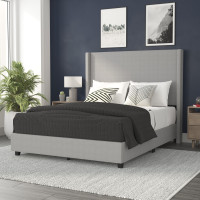 Flash Furniture YK-1077-GY-Q-GG Quinn Queen Upholstered Platform Bed with Channel Stitched Wingback Headboard, Mattress Foundation with Slatted Supports, No Box Spring Needed, Gray