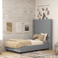 Flash Furniture YK-1077-GY-T-GG Quinn Twin Upholstered Platform Bed with Channel Stitched Wingback Headboard, Mattress Foundation with Slatted Supports, No Box Spring Needed, Gray