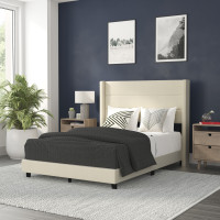 Flash Furniture YK-1078-BEIGE-F-GG Hollis Full Upholstered Platform Bed with Wingback Headboard, Mattress Foundation with Slatted Supports, No Box Spring Needed, Beige Faux Linen