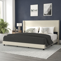 Flash Furniture YK-1078-BEIGE-K-GG Hollis King Upholstered Platform Bed with Wingback Headboard, Mattress Foundation with Slatted Supports, No Box Spring Needed, Beige Faux Linen