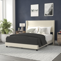 Flash Furniture YK-1078-BEIGE-Q-GG Hollis Queen Upholstered Platform Bed with Wingback Headboard, Mattress Foundation with Slatted Supports, No Box Spring Needed, Beige Faux Linen
