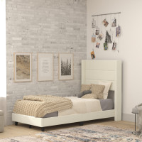 Flash Furniture YK-1078-BEIGE-T-GG Hollis Twin Upholstered Platform Bed with Wingback Headboard, Mattress Foundation with Slatted Supports, No Box Spring Needed, Beige Faux Linen