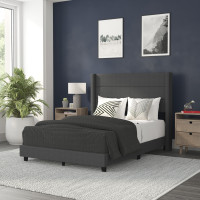 Flash Furniture YK-1078-CHAR-F-GG Hollis Full Upholstered Platform Bed with Wingback Headboard, Mattress Foundation with Slatted Supports, No Box Spring Needed, Charcoal Faux Linen