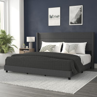 Flash Furniture YK-1078-CHAR-K-GG Hollis King Upholstered Platform Bed with Wingback Headboard, Mattress Foundation with Slatted Supports, No Box Spring Needed, Charcoal Faux Linen
