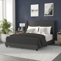 Flash Furniture YK-1078-CHAR-Q-GG Hollis Queen Upholstered Platform Bed with Wingback Headboard, Mattress Foundation with Slatted Supports, No Box Spring Needed, Charcoal Faux Linen