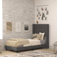 Flash Furniture YK-1078-CHAR-T-GG Hollis Twin Upholstered Platform Bed with Wingback Headboard, Mattress Foundation with Slatted Supports, No Box Spring Needed, Charcoal Faux Linen