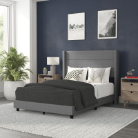 Flash Furniture YK-1078-GY-F-GG Hollis Full Upholstered Platform Bed with Wingback Headboard, Mattress Foundation with Slatted Supports, No Box Spring Needed, Gray Faux Linen