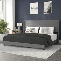 Flash Furniture YK-1078-GY-K-GG Hollis King Upholstered Platform Bed with Wingback Headboard, Mattress Foundation with Slatted Supports, No Box Spring Needed, Gray Faux Linen