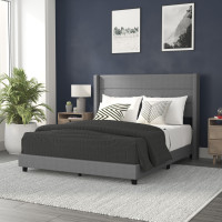Flash Furniture YK-1078-GY-Q-GG Hollis Queen Upholstered Platform Bed with Wingback Headboard, Mattress Foundation with Slatted Supports, No Box Spring Needed, Gray Faux Linen