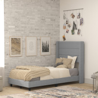 Flash Furniture YK-1078-GY-T-GG Hollis Twin Upholstered Platform Bed with Wingback Headboard, Mattress Foundation with Slatted Supports, No Box Spring Needed, Gray Faux Linen