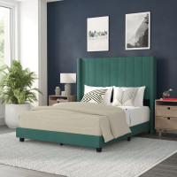 Flash Furniture YK-1079-GR-F-GG Bianca Full Upholstered Platform Bed with Vertical Stitched Wingback Headboard, Slatted Mattress Foundation, No Box Spring Needed, Emerald Velvet