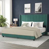 Flash Furniture YK-1079-GR-K-GG Bianca King Upholstered Platform Bed with Vertical Stitched Wingback Headboard, Slatted Mattress Foundation, No Box Spring Needed, Emerald Velvet