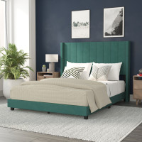 Flash Furniture YK-1079-GR-Q-GG Bianca Queen Upholstered Platform Bed with Vertical Stitched Wingback Headboard, Slatted Mattress Foundation, No Box Spring Needed, Emerald Velvet