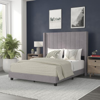 Flash Furniture YK-1079-GY-F-GG Bianca Full Upholstered Platform Bed with Vertical Stitched Wingback Headboard, Slatted Mattress Foundation, No Box Spring Needed, Gray Velvet