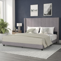 Flash Furniture YK-1079-GY-K-GG Bianca King Upholstered Platform Bed with Vertical Stitched Wingback Headboard, Slatted Mattress Foundation, No Box Spring Needed, Gray Velvet