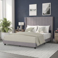 Flash Furniture YK-1079-GY-Q-GG Bianca Queen Upholstered Platform Bed with Vertical Stitched Wingback Headboard, Slatted Mattress Foundation, No Box Spring Needed, Gray Velvet