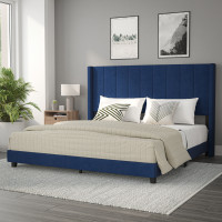 Flash Furniture YK-1079-NAVY-K-GG Bianca King Upholstered Platform Bed with Vertical Stitched Wingback Headboard, Slatted Mattress Foundation, No Box Spring Needed, Navy Velvet