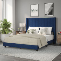 Flash Furniture YK-1079-NAVY-Q-GG Bianca Queen Upholstered Platform Bed with Vertical Stitched Wingback Headboard, Slatted Mattress Foundation, No Box Spring Needed, Navy Velvet