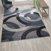 Flash Furniture YK-F968B-D9826-810-BL-GG Harken Collection Geometric 8' x 10' Blue and Gray Olefin Area Rug with Jute Backing, Living Room, Bedroom