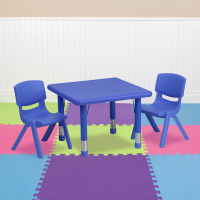 Flash Furniture 24'' Square Adjustable Blue Plastic Activity Table Set with 2 School Stack Chairs YU-YCX-0023-2-SQR-TBL-BLUE-R-GG