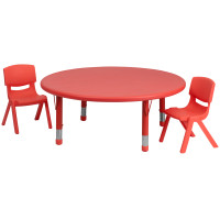 Flash Furniture 45'' Round Adjustable Red Plastic Activity Table Set with 2 School Stack Chairs YU-YCX-0053-2-ROUND-TBL-RED-R-GG