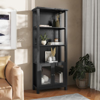 Flash Furniture ZG-027-BLK-GG Stella Modern Farmhouse Wooden Bookcase and Storage Cabinet with Tempered Glass Doors and 3 Upper Shelves in Black