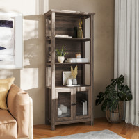 Flash Furniture ZG-027-GRYWSH-GG Stella Modern Farmhouse Wooden Bookcase and Storage Cabinet with Tempered Glass Doors and 3 Upper Shelves in Gray Wash