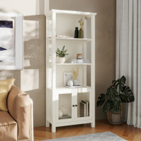 Flash Furniture ZG-027-WHT-GG Stella Modern Farmhouse Wooden Bookcase and Storage Cabinet with Tempered Glass Doors and 3 Upper Shelves in White