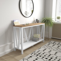 Flash Furniture ZG-034-WH-WOAK-GG Charlotte Farmhouse 2-Tier Console Accent Table - Brushed White Finish Engineered Wood Frame - Warm Oak Finish Tabletop - For Entryway or Living Room