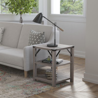 Flash Furniture ZG-035-GY-GG Wyatt Modern Farmhouse Wooden 3 Tier End Table with Black Metal Corner Accents and Cross Bracing, Gray Wash