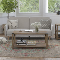 Flash Furniture ZG-037-OAK-GG Wyatt Modern Farmhouse Wooden 2 Tier Coffee Table with Black Metal Corner Accents and Cross Bracing, Rustic Oak