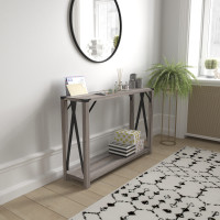 Flash Furniture ZG-038-GY-GG Wyatt Modern Farmhouse Wooden 2 Tier Console Entry Table with Black Metal Corner Accents and Cross Bracing, Gray Wash