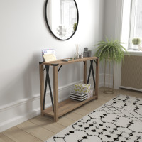 Flash Furniture ZG-038-OAK-GG Wyatt Modern Farmhouse Wooden 2 Tier Console Entry Table with Black Metal Corner Accents and Cross Bracing, Rustic Oak