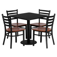 Flash Furniture 30'' Square Black Laminate Table Set with 4 Ladder Back Metal Chairs - Cherry Wood Seat MD-0003-GG