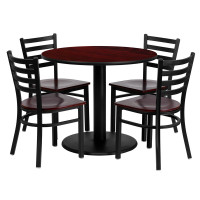 Flash Furniture 36'' Round Mahogany Laminate Table Set with 4 Ladder Back Metal Chairs - Mahogany Wood Seat MD-0004-GG
