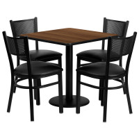 Flash Furniture 30'' Square Walnut Laminate Table Set with 4 Grid Back Metal Chairs - Black Vinyl Seat MD-0005-GG