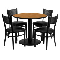 Flash Furniture 36'' Round Natural Laminate Table Set with 4 Grid Back Metal Chairs - Black Vinyl Seat MD-0006-GG