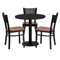 Flash Furniture 30'' Round Black Laminate Table Set with 3 Grid Back Metal Chairs - Cherry Wood Seat MD-0007-GG