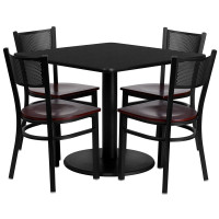 Flash Furniture 36'' Square Black Laminate Table Set with 4 Grid Back Metal Chairs - Mahogany Wood Seat MD-0008-GG