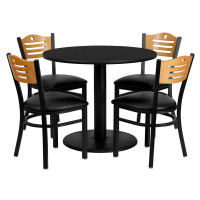 Flash Furniture 36'' Round Black Laminate Table Set with 4 Wood Slat Back Metal Chairs - Black Vinyl Seat MD-0009-GG