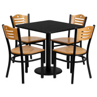 Flash Furniture 30'' Square Black Laminate Table Set with 4 Wood Slat Back Metal Chairs - Natural Wood Seat MD-0010-GG