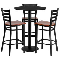 Flash Furniture 30'' Round Black Laminate Table Set with 3 Ladder Back Metal Bar Stools - Cherry Wood Seat MD-0013-GG